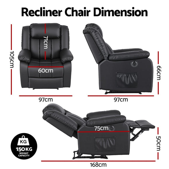 Artiss Manual Massage Recliner Chair for Living Room, Leather Sofa Lounge Reclining Chair with 2 USB Port, 160° Recline Reading Chair with 20CM Wide Armrests, 8 Point Vibration & Lumbar Heat, Black - RnR Galore