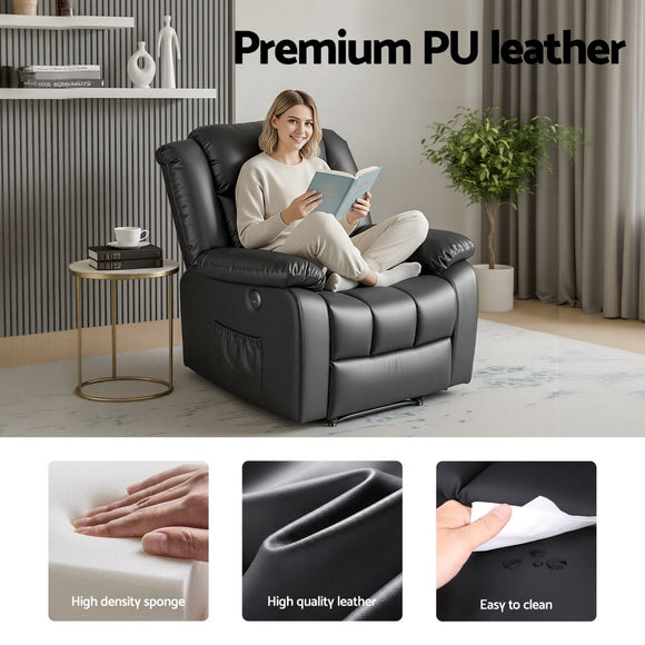 Artiss Manual Massage Recliner Chair for Living Room, Leather Sofa Lounge Reclining Chair with 2 USB Port, 160° Recline Reading Chair with 20CM Wide Armrests, 8 Point Vibration & Lumbar Heat, Black - RnR Galore