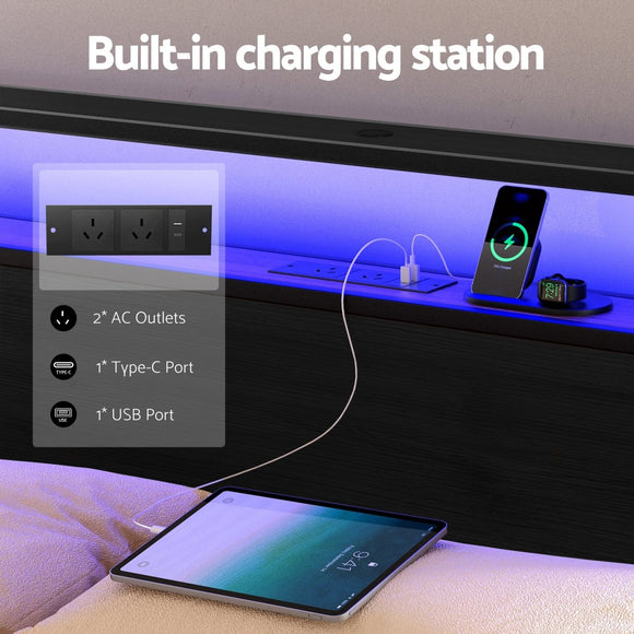 Artiss Metal Bed Frame King Size Storage Headboard Charge Station LED 4 Drawers - RnR Galore