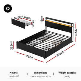 Artiss Metal Bed Frame Queen Size Storage Headboard Charge Station LED 4 Drawers - RnR Galore