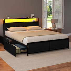Artiss Metal Bed Frame Queen Size Storage Headboard Charge Station LED 4 Drawers - RnR Galore