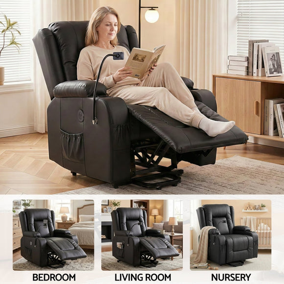 Artiss Power Lift Recliner Chair with Massage and Heat for Elderly, Electric Sofa Reclining Chair with USB and Phone Holder, PU Leather Comfy Armchair for Living Room, 2 Cup Holder & 4 Pockets, Black - RnR Galore