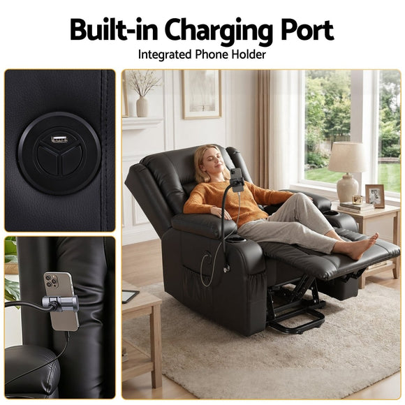 Artiss Power Lift Recliner Chair with Massage and Heat for Elderly, Electric Sofa Reclining Chair with USB and Phone Holder, PU Leather Comfy Armchair for Living Room, 2 Cup Holder & 4 Pockets, Black - RnR Galore