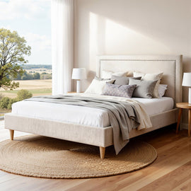 Artiss Queen Bed Frame Platform Bed Base Upholstered Headboard Linen Fabric Beige - RnR Galore