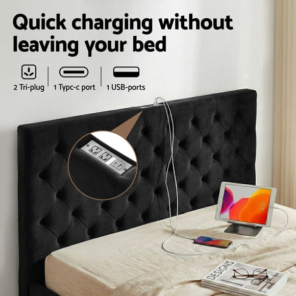 Artiss Queen Bed Frame Storage Charging Station Upholstered 3 Drawers USB Type - C - RnR Galore