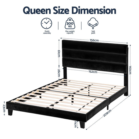 Artiss Queen Bed Frame Upholstered Platform Base with Geometric Headboard Black Velvet - RnR Galore