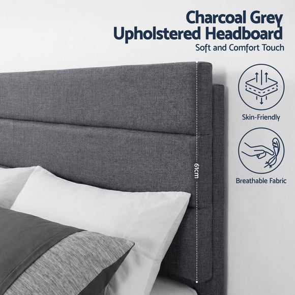 Artiss Queen Bed Frame Upholstered Platform Base with Geometric Headboard Charcoal Grey Linen Wood Slats for Modern Bedroom Furniture Home Decor - RnR Galore
