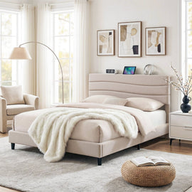 Artiss Queen Bed Frame with Storage Adjustable Headboard Platform Base Linen Fabric Charging Ports - RnR Galore