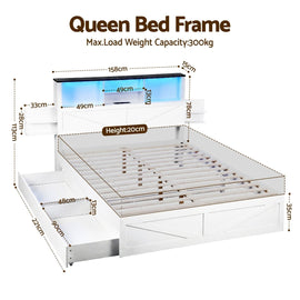 Artiss Queen Bed Frame with Storage Drawers White Platform Bedframe with Bookcase Headboard Charging Station Led Light - RnR Galore