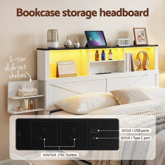 Artiss Queen Bed Frame with Storage Drawers White Platform Bedframe with Bookcase Headboard Charging Station Led Light - RnR Galore