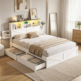 Artiss Queen Bed Frame with Storage Drawers White Platform Bedframe with Bookcase Headboard Charging Station Led Light - RnR Galore