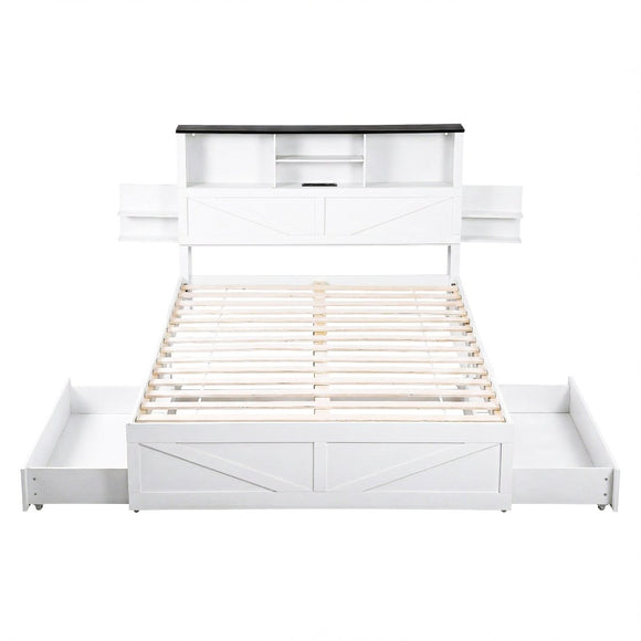 Artiss Queen Bed Frame with Storage Drawers White Platform Bedframe with Bookcase Headboard Charging Station Led Light - RnR Galore