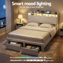 Artiss Queen Upholstered Bed Frame with Shelf Storage Drawers Charging Station Mood Lighting Linen - RnR Galore