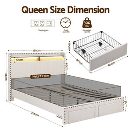 Artiss Queen Upholstered Bed Frame with Shelf Storage Drawers Charging Station Mood Lighting Linen - RnR Galore