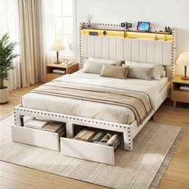 Artiss Queen Upholstered Bed Frame with Shelf Storage Drawers Charging Station Mood Lighting Linen - RnR Galore