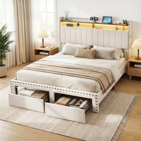 Artiss Queen Upholstered Bed Frame with Shelf Storage Drawers Charging Station Mood Lighting Linen - RnR Galore