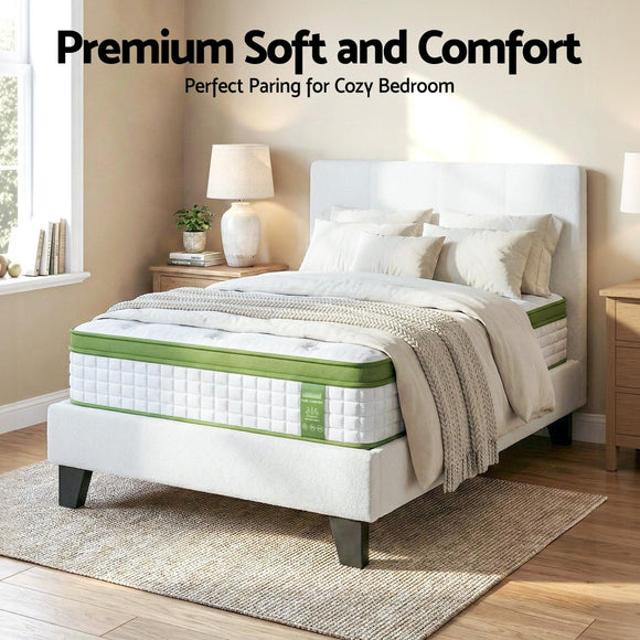Artiss Single Bed Frame with Hybrid Mattress Set 30cm Medium Firm Platform Headboard Boucle Upholstered Pocket Coil for Pressure Relief - RnR Galore