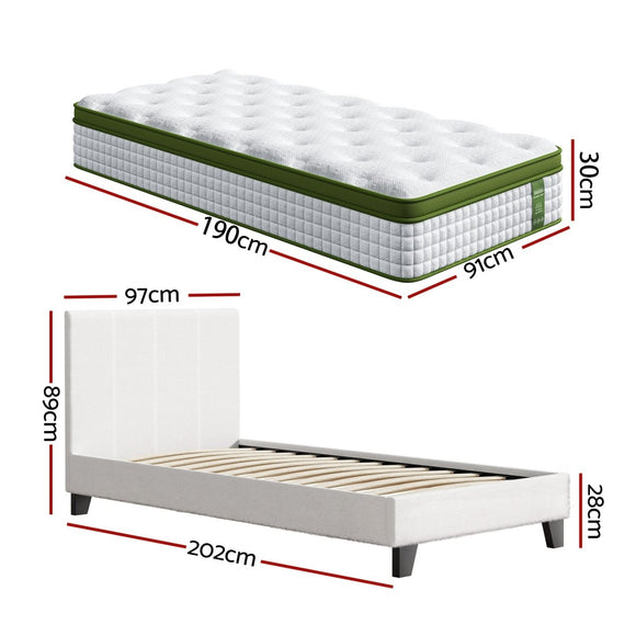 Artiss Single Bed Frame with Hybrid Mattress Set 30cm Medium Firm Platform Headboard Boucle Upholstered Pocket Coil for Pressure Relief - RnR Galore