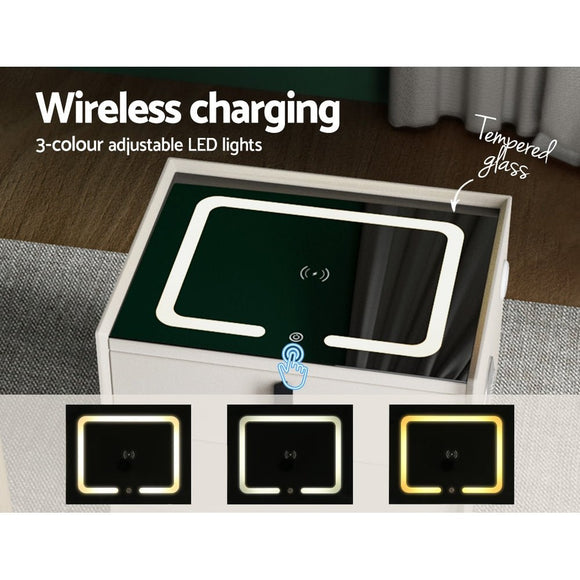 Artiss Smart Bedside Table 2 Drawers with Wireless Charging Ports LED White AIKA - RnR Galore