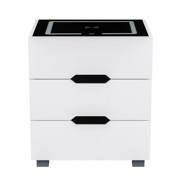 Artiss Smart Bedside Table 3 Drawers with Wireless Charging Ports LED White ADAD - RnR Galore