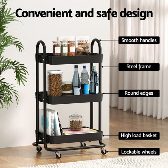 Artiss Storage Trolley Kitchen Cart 3 Tiers Rack Shelf Organiser Wheels Black - RnR Galore
