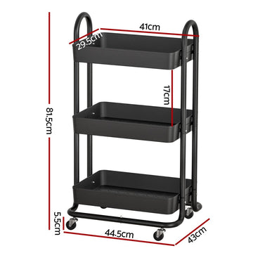 Artiss Storage Trolley Kitchen Cart 3 Tiers Rack Shelf Organiser Wheels Black - RnR Galore
