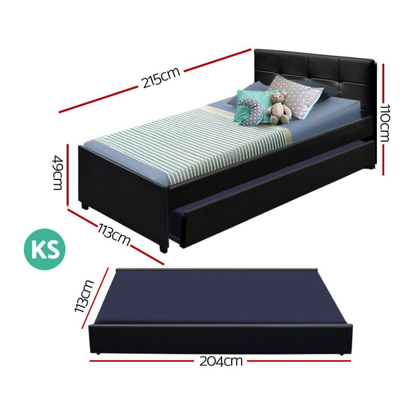 Artiss Trundle Bed Frame King Single Size Black Leather - RnR Galore
