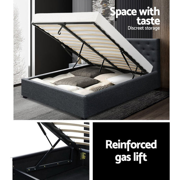 Artiss Vila Bed Frame Fabric Gas Lift Storage - Charcoal Queen - RnR Galore