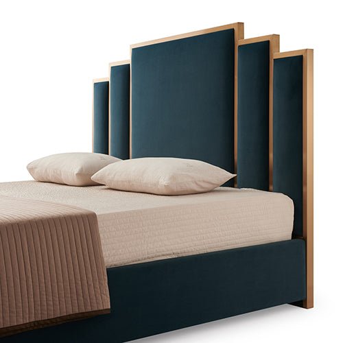 Austin Bed Frame Polyester Turquoise Fabric Padded Upholstery High Quality Slats Polished Stainless Steel Feet - RnR Galore