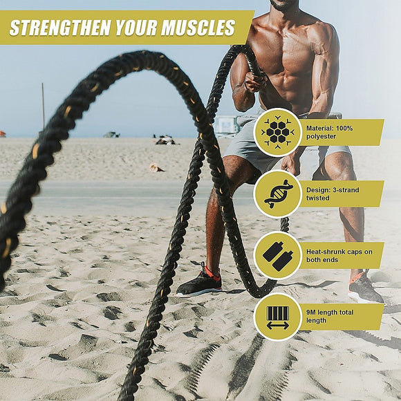 Battle Rope Dia 3.8cm x 9M length Poly Exercise Workout Strength Training - RnR Galore