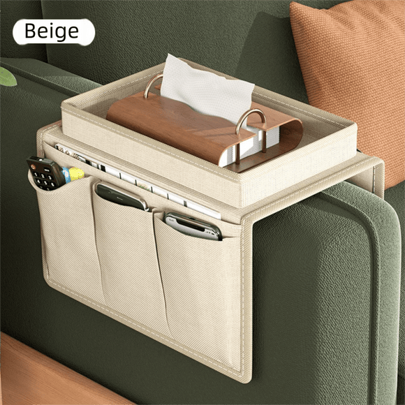 Beige Foldable Sofa Armrest Organizer With 3 - Zones - 20kg Load Capacity, Thickended Oxford Cloth Storage Bag for Dorms, Cars & Living Rooms - RnR Galore