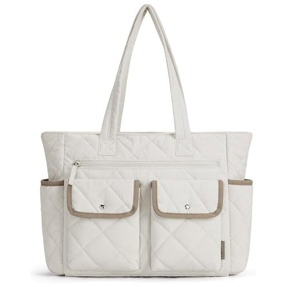 Beige Women's Multi - Pocket Tote Bag - Large Quilted Travel Handbag for Work, Gym, and More - RnR Galore