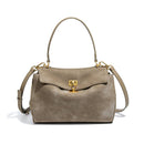 Beige Women's Vintage Suede Satchel Bag - Elegant Top Handle Purse with Gold Lock - RnR Galore