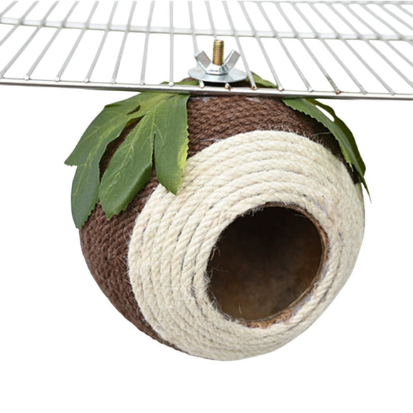 Bird Nest Parrot Nest Coconut Shell Braided Twine Colourful Cage Hanging Bed - White - Brown - Screw Model - RnR Galore