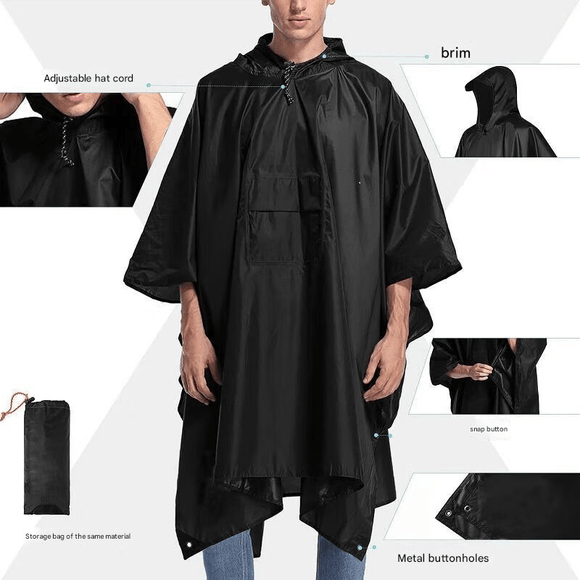 Black 3 - in - 1 Multifunctional Outdoor Rain Poncho - Ground Mat & Shelter - Lightweight & Waterproof for Hiking & Camping - RnR Galore