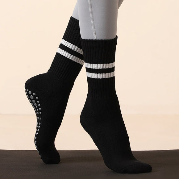 Black (3 - Pack) Unisex Striped Non - Slip Grip Socks - Cotton Crew Socks for Yoga, Pilates & Home Workouts - RnR Galore
