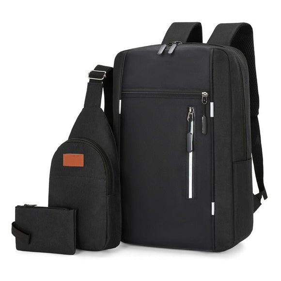 Black 3 Piece Mens Backpack Set with Sling Bag and Pouch USB Charging Port Large Capacity Laptop Daypack Water Resistant Business Travel School Bag - RnR Galore