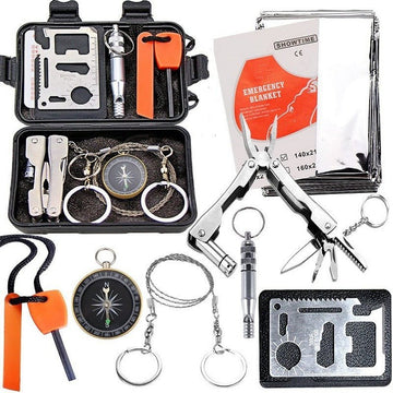 Black 8 - in - 1 Emergency Survival Kit - Compact Outdoor Gear for Camping, Hiking & Car - RnR Galore