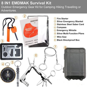 Black 8 - in - 1 Emergency Survival Kit - Compact Outdoor Gear for Camping, Hiking & Car - RnR Galore