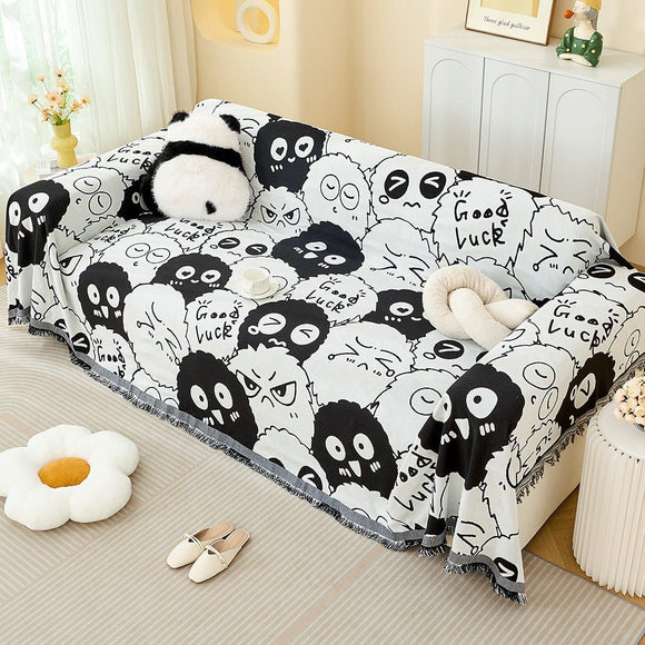 Black and white Ball Pattern Soft Waffle Weave Throw Blanket - Boho Style Cotton Blend Sofa Cover with Fringe 180x340cm - RnR Galore