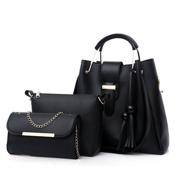 Black Chic 3 - Piece Women's Handbag Set - PU Leather Tote, Crossbody Bag & Clutch Purse - RnR Galore