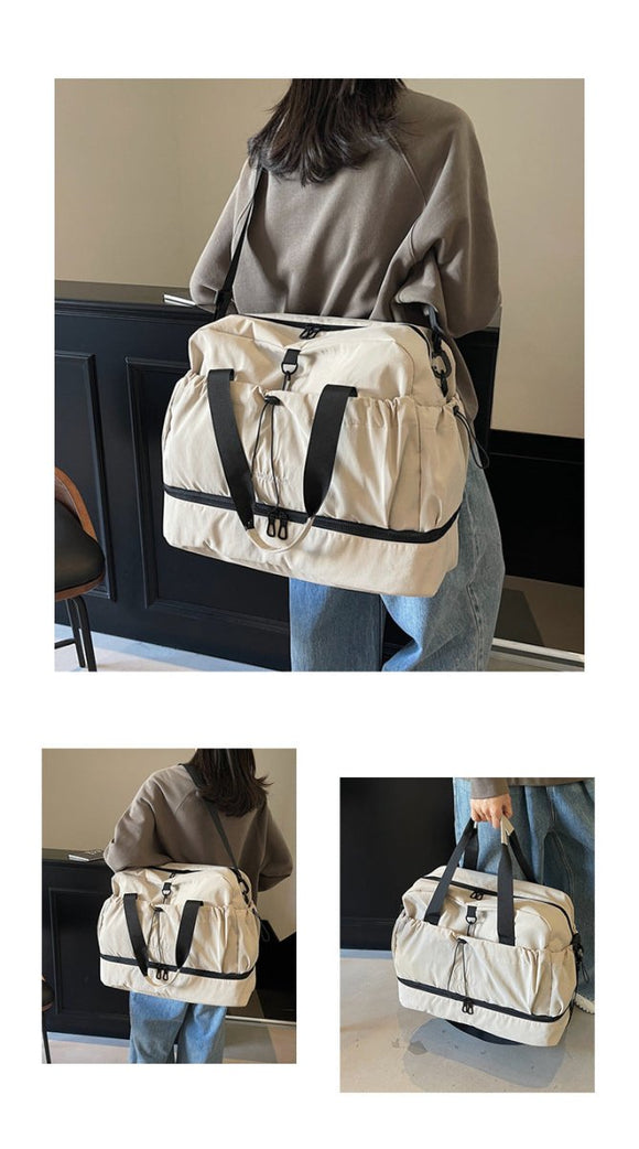 Black Large Capacity Travel Bag with Wet/Dry Separation - Canvas + Polyester, Lightweight Handbag for Short Trips and Fitness, Fits on Luggage - RnR Galore