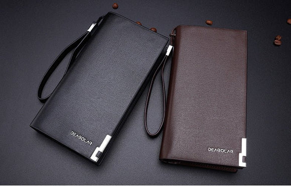 Black Men's Business Casual Long Wallet Clutch - PU Leather Large Capacity Phone & Card Holder with Wrist Strap - RnR Galore