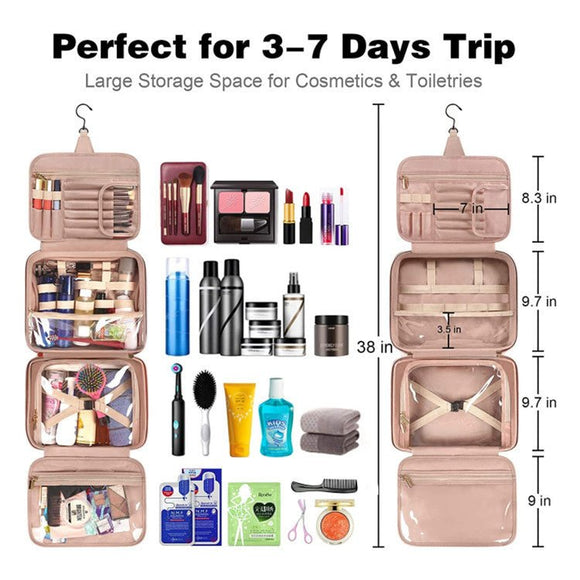 Black Portable Large Hanging Womens' Luxury PU Leather Cosmetic Bag - Waterproof Travel Toiletry Organizer , Easy Visibility & Durable - RnR Galore