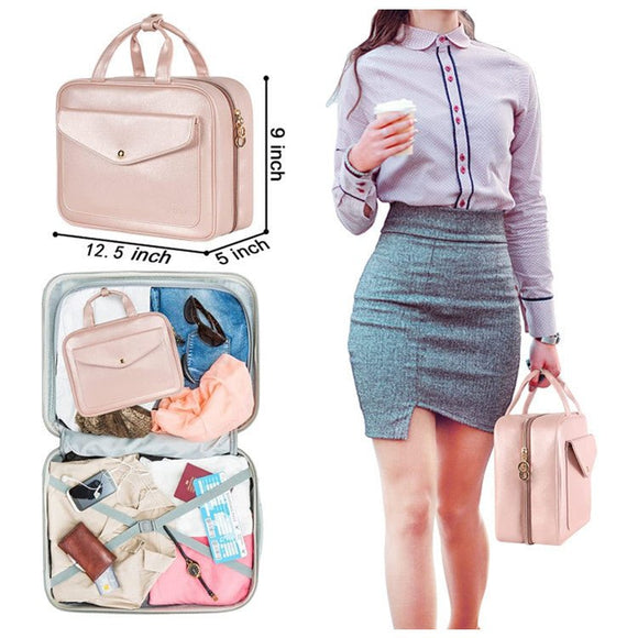 Black Portable Large Hanging Womens' Luxury PU Leather Cosmetic Bag - Waterproof Travel Toiletry Organizer , Easy Visibility & Durable - RnR Galore