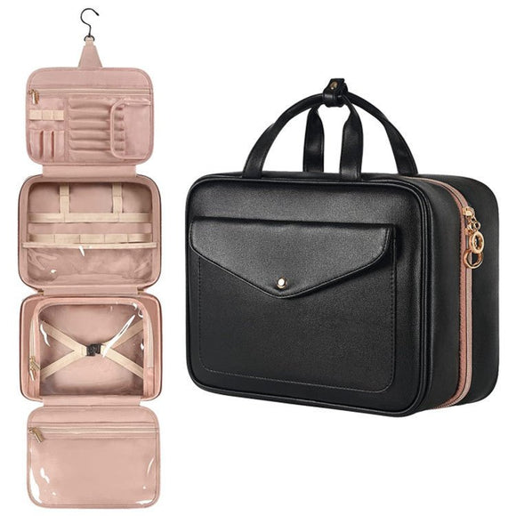 Black Portable Large Hanging Womens' Luxury PU Leather Cosmetic Bag - Waterproof Travel Toiletry Organizer , Easy Visibility & Durable - RnR Galore
