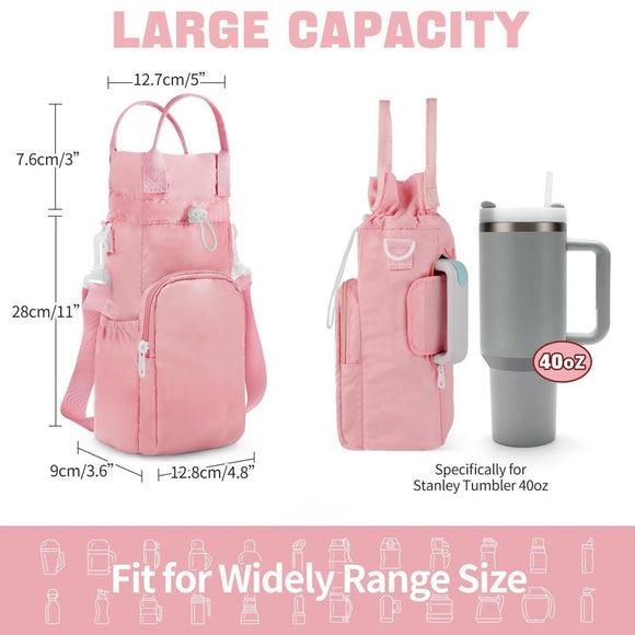Black Protective Crossbody Water Bottle Holder with Pockets, Fits 40oz Stanley Tumbler - RnR Galore