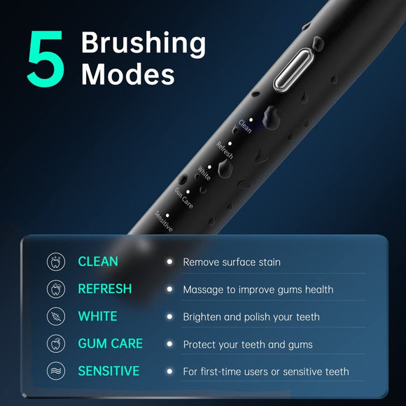 Black Sonic Rechargeable Electric Toothbrush with 8 Heads & Travel Case - 5 Brushing Modes & Smart Timer(USB) - RnR Galore