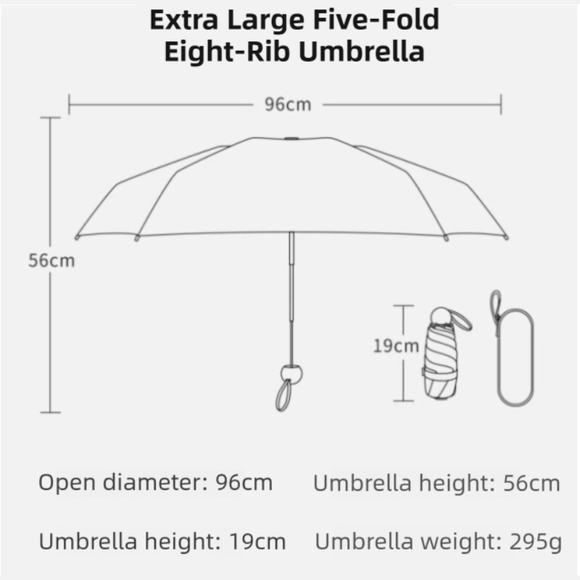 Black Ultra - Compact 5 - Fold Waterproof All - Weather Umbrella for Women - Heart Pattern, Black Glue UV Protection, 8 - Rib Frame, Portable Capsule Parasol - RnR Galore