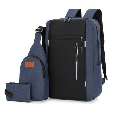 Blue 3 Piece Mens Backpack Set with Sling Bag and Pouch USB Charging Port Large Capacity Laptop Daypack Water Resistant Business Travel School Bag - RnR Galore